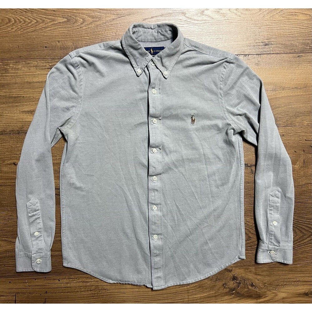 Ralph Lauren Knit Oxford Button Down Shirt Mens Medium Gray Grey Flesh Pony Prep
